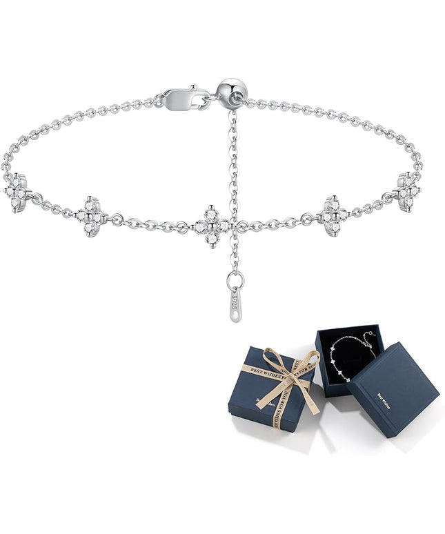 Moissanite Four Leaf Clover Charm Bracelet for Women,Symbol of Love & Luck,14K Gold/White Gold Plated D Color VVS1 Moissanite, 6.5+2Inch Adjustable Hypoallergenic Cable Chain,Ready to Dainty Lucky Jewelry Gift for Valentine’s Day Bracelet from Boyfrien...