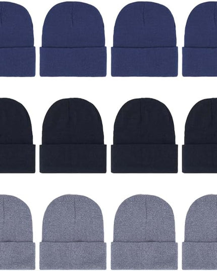 ZH 12-Pack Knitted Winter Beanie Hats for Men and Women, Warm and Cozy Cuffed Skull Caps, Bulk Purchase