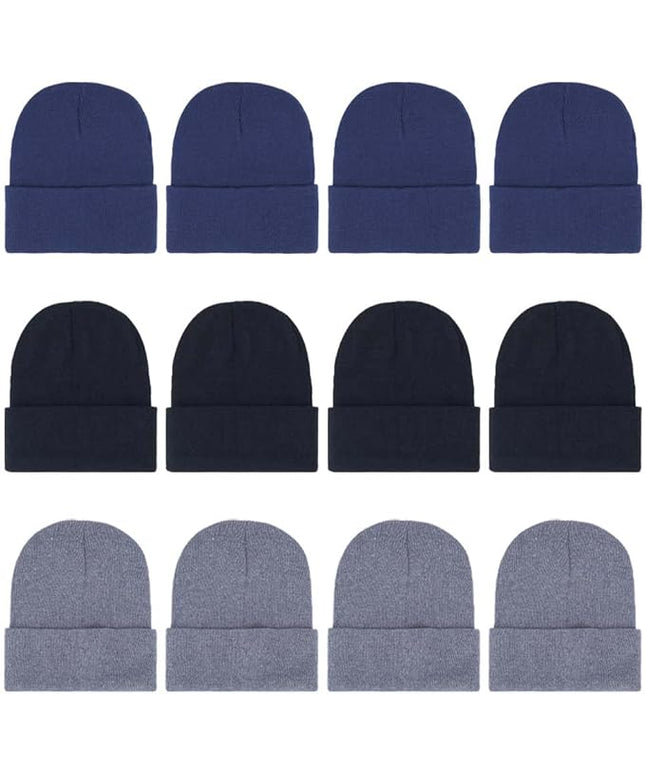 ZH 12-Pack Knitted Winter Beanie Hats for Men and Women, Warm and Cozy Cuffed Skull Caps, Bulk Purchase