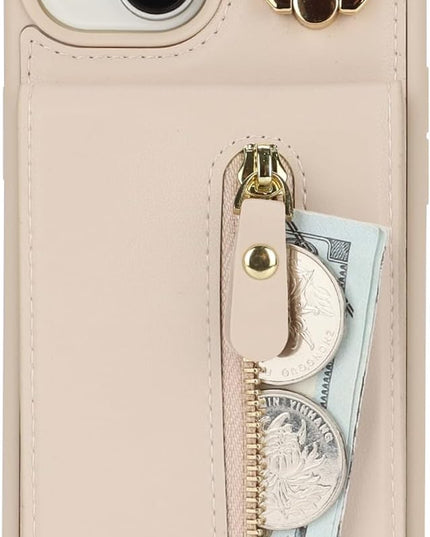 for iPhone 15 Wallet Case with Card Holder, for iPhone 15 Case Wallet with Strap Credit Card Slot, Crossbody Bag with Zipper Case for iPhone15 - Warm White