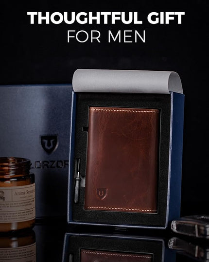 LORZOR Wallet for Men with Metal Card Holder, Pop Up Wallet, Finest Full Grain Leather Trifold Wallet, Smart, Minimalist, RFID Blocking, Front Pocket, ID Window, VintageBrown/Silver