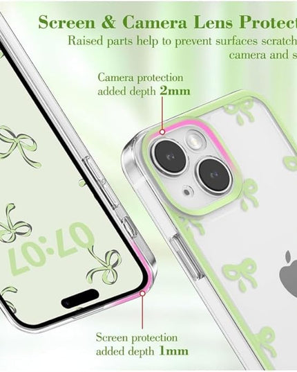 Designed for iPhone Case,Clear Cute Ribbon Bowknot Pattern Aesthetic Transparent Phone Case Raised Camera Protection Stylish Slim Soft Phone Case (Green,iPhone 14 Pro)