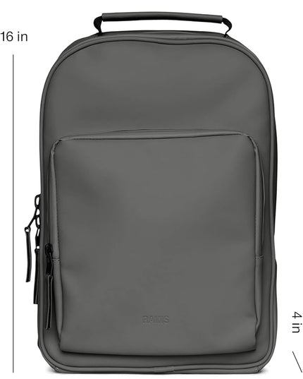 RAINS Book Daypack Regular Grey Laptop Backpack for Men and Women, Waterproof Black Minimalist Commuter Bag with 15”-16"