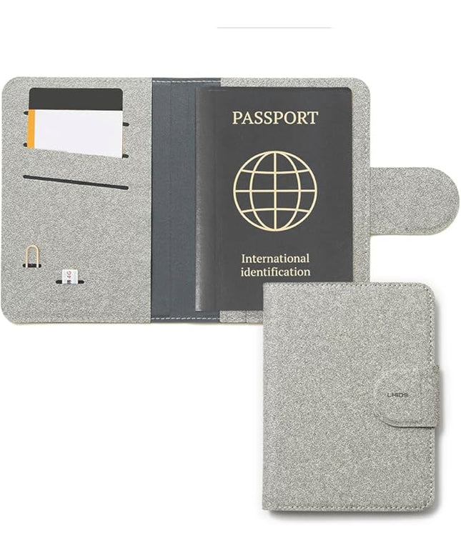 LHiDS Leatherette Passport Holder with RFID Protection, Premium PU Leather, Snap Button Closure, Travel Passport Wallet Cover for Passport, Boarding Passes, Business Cards, Cash (Grey)