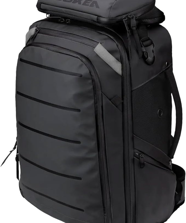 Käydä 44L Travel Backpack - Spacious Carry On Backpack with Detachable Travel Pouch, Magnetic Water Bottle Pocket, Passport and Laptop Pocket - Convertible Boot Bag for Snow Sports (Black/Silver)