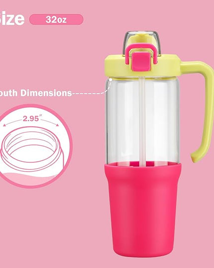 32oz Glass Water Bottle, 2-in-1 Straw and Sip Spout Lid, Leakproof Wide Mouth Tumbler with Handle, BPA-Free Reusable Bottle for Sports, Office, Outdoor, Bright Pink