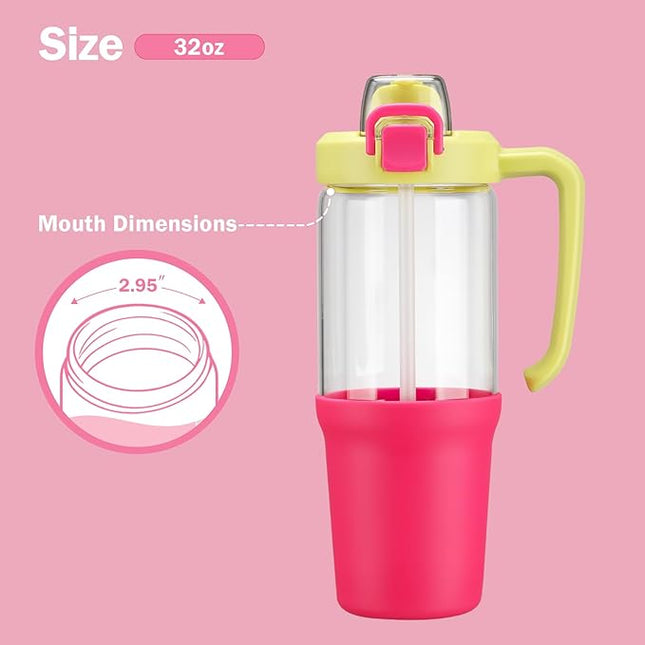 32oz Glass Water Bottle, 2-in-1 Straw and Sip Spout Lid, Leakproof Wide Mouth Tumbler with Handle, BPA-Free Reusable Bottle for Sports, Office, Outdoor, Bright Pink