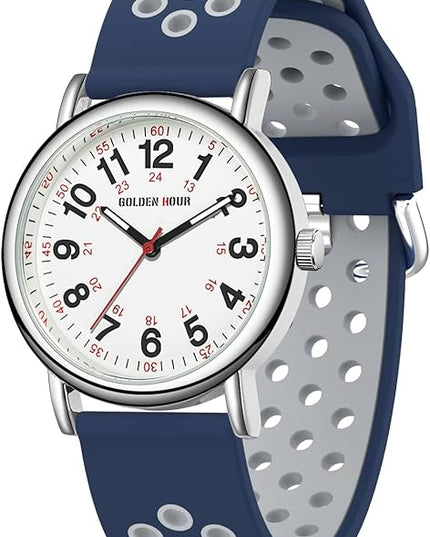 GOLDEN HOUR Waterproof Nurse Watch for Medical Professionals, Students Women Men - Military Time Luminouse Easy Read Dial, 24 Hour with Second Hand, Colorful Silicone Band