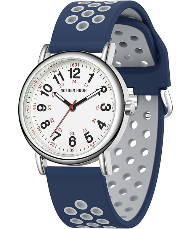 GOLDEN HOUR Waterproof Nurse Watch for Medical Professionals, Students Women Men - Military Time Luminouse Easy Read Dial, 24 Hour with Second Hand, Colorful Silicone Band
