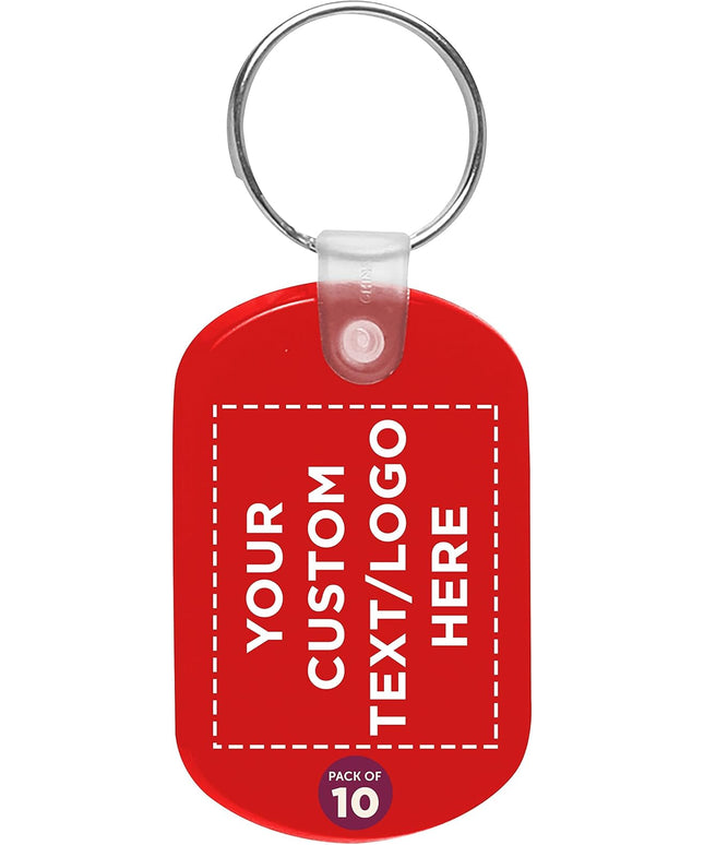 DISCOUNT PROMOS Tag Soft Plastic Keychains - 10 pack - Customizable Text, Logo - Small Key Tag Chain For Staying Organized - Rubber Key Ring Keychain – Red
