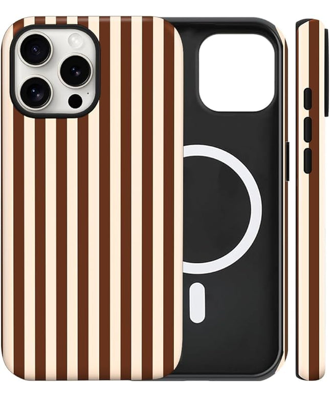 Magnetic for iPhone 13 Pro Max Case Cute Stripes Phone Case, Shockproof Slim TPU and Hard PC Protective Phone Cover Compatible with MagSafe Designed for Women Girls, Brown