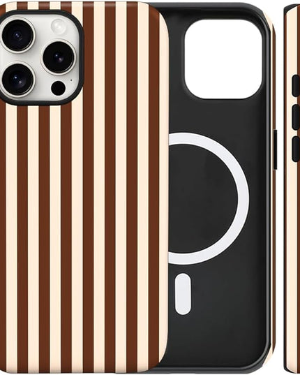 Magnetic for iPhone 15 Pro Max Case Cute Stripes Phone Case, Shockproof Slim TPU and Hard PC Protective Phone Cover Compatible with MagSafe Designed for Women Girls, Brown
