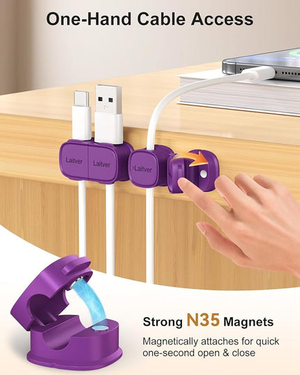 6 Pack Magnetic Cable Clips [1s Open/Lock], Laitver Cord Organizer Holder Strong Adhesive Desk Cable Management- Organize Charging Cords Neatly for Home, Office, Car,Desk, Nightstand-Deep Purple