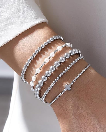 Gold Beaded Bracelets for Women, 14K Real Gold Plated Jewelry for Women Dainty Pearl Bead Bracelets Stack, Non Tarnish Trendy Stackable Ball Cross Stretch Bracelet Set Fashion Accessories Gifts