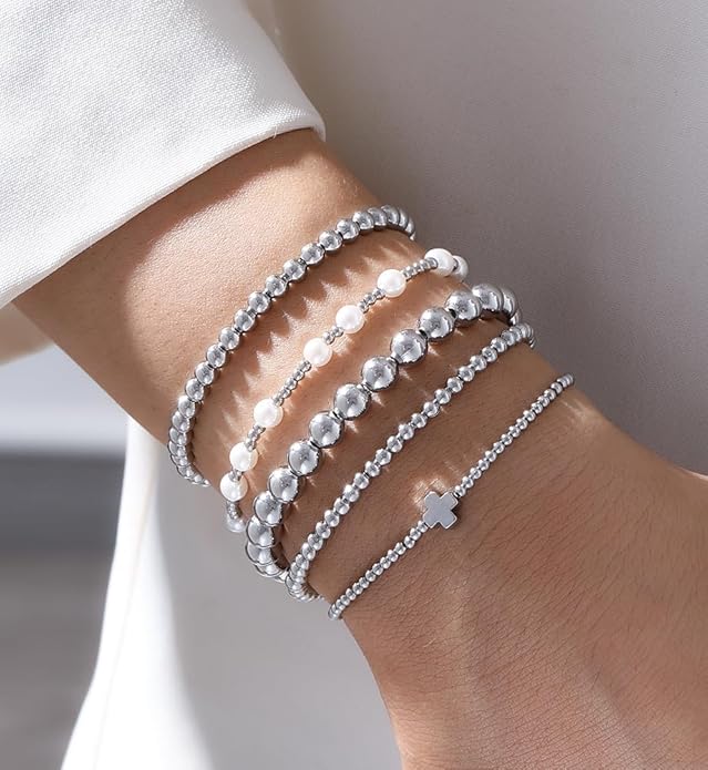 Gold Beaded Bracelets for Women, 14K Real Gold Plated Jewelry for Women Dainty Pearl Bead Bracelets Stack, Non Tarnish Trendy Stackable Ball Cross Stretch Bracelet Set Fashion Accessories Gifts