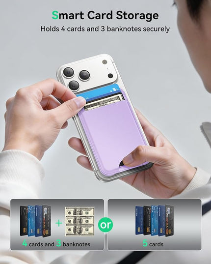 Fanseesy for MagSafe Wallet with Stand, 5 Card Holder, Slim Leather Magnetic Wallet for iPhone 17/16/15/14/13/12 Pro Max Plus Air Series, 3 Card Slots & 1 Cash Slot,Purple