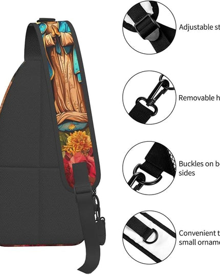 Our Lady of Guadalupe Sling Bag Crossbody Bags Clovers Chest Bag for Travel Hiking for Men Women Flower Mary 12