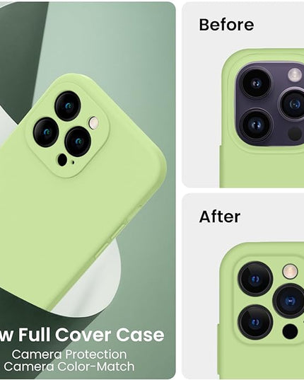 FireNova Designed for iPhone 14 Pro Case, Silicone Upgraded [Camera Protection] Phone Case with [2 Screen Protectors], Soft Anti-Scratch Microfiber Lining Inside, 6.1 inch, Tea Green