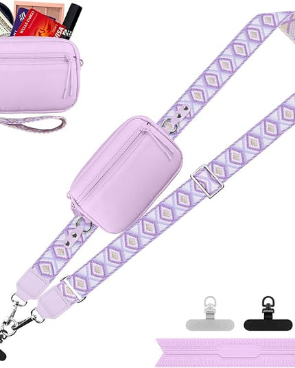 Clip and Go Strap for Phone with Wallet Crossbody, Adjustable Phone Lanyard with Detachable RFID Wristlet Wallet, Pattern Strap, Light Purple(M)