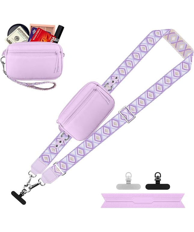 Clip and Go Strap for Phone with Wallet Crossbody, Adjustable Phone Lanyard with Detachable RFID Wristlet Wallet, Pattern Strap, Light Purple(M)
