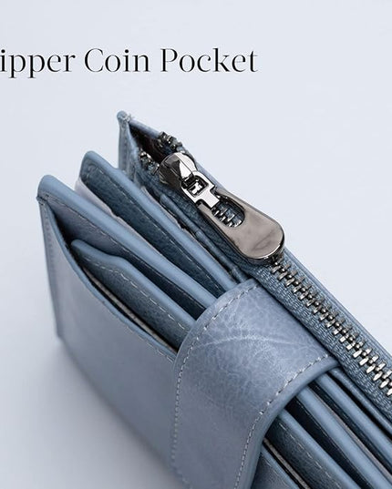 Bveyzi Women's Small Leather RFID Blocking Bifold Zipper Pocket Wallet Ladies Credit Card Slots Purse with id Window