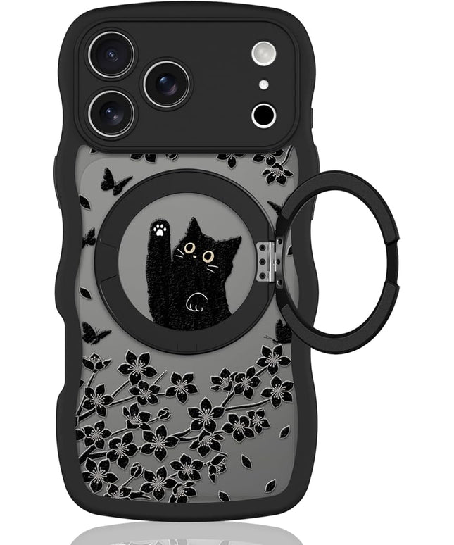 Wavy Case for iPhone 17 Pro Max Case with Stand [Compatible with MagSafe] Cute Black Cat & Floral & Butterflies Pattern Design, Kawaii 360 Magnetic Ring Kickstand Phone Cover for Women Girls