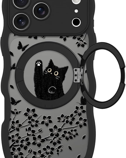 Wavy Case for iPhone 17 Pro Case with Stand [Compatible with MagSafe] Cute Black Cat & Floral & Butterflies Pattern Design, Kawaii 360 Magnetic Ring Kickstand Phone Cover for Women Girls