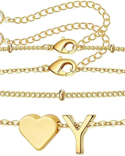 M MOOHAM Valentines Day Gifts for Kids Teen Girls -14K-Gold-Plated Heart Initial A-Z Bracelets for Women Girl Dainty Gold Bracelets Birthday Valentines Gifts for Women Her Teenage Girls Kid Teen Gift