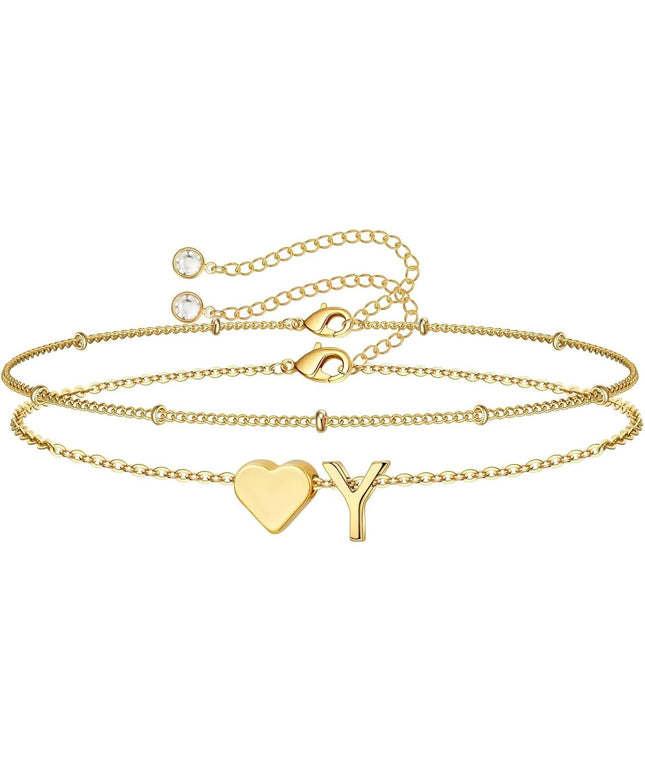 M MOOHAM Valentines Day Gifts for Kids Teen Girls -14K-Gold-Plated Heart Initial A-Z Bracelets for Women Girl Dainty Gold Bracelets Birthday Valentines Gifts for Women Her Teenage Girls Kid Teen Gift