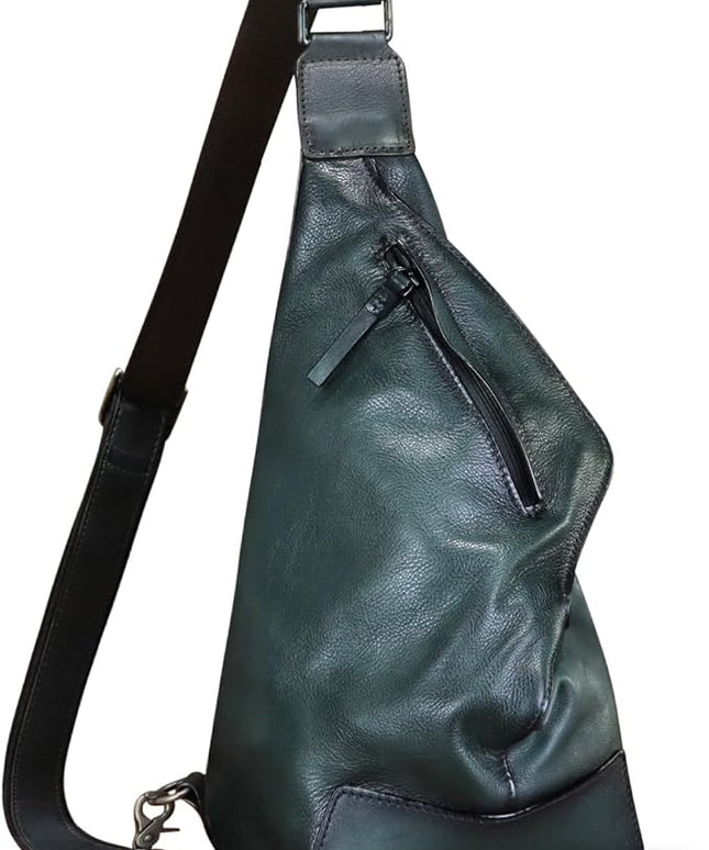 Genuine Leather Sling Bag for Men and Women Vintage Full Grain Leather Sling Purse Chest Daypack Over Shoulder Crossbody Bag (Gray)