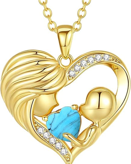 FANCIME Mom Birthstone Necklace Mother and Child Love Heart Necklace I Love You Mom Gifts Mothers Day Birthstone Jewelry Gifts for Grandmother Women Wife, 16"+2" Inches