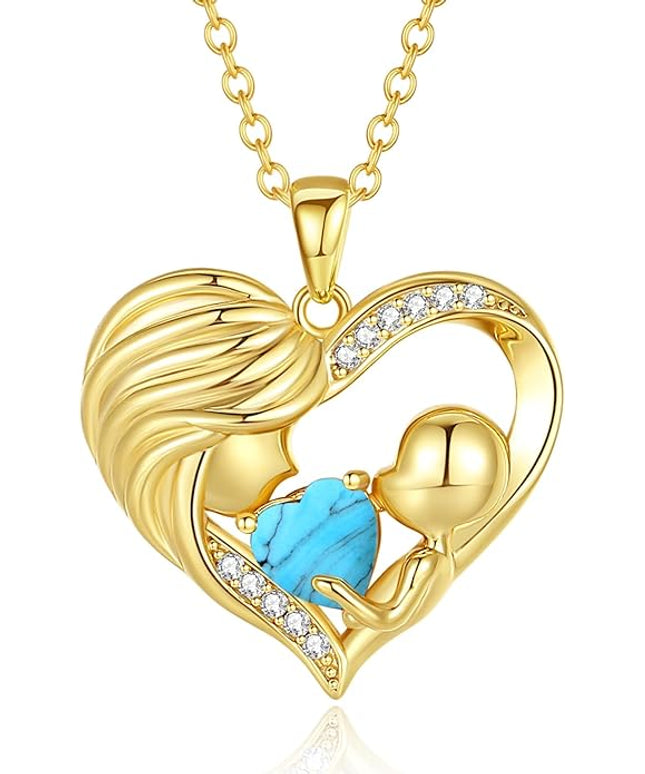 FANCIME Mom Birthstone Necklace Mother and Child Love Heart Necklace I Love You Mom Gifts Mothers Day Birthstone Jewelry Gifts for Grandmother Women Wife, 16"+2" Inches