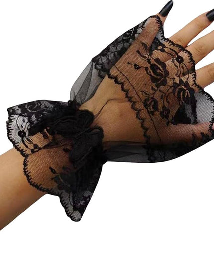 OYOANGLE Women's Floral Lace Bow Front Short Wrist Cuff Wedding Wrist Length Bridal Prom Gloves