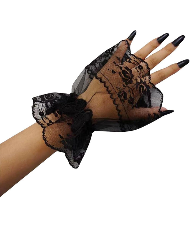 OYOANGLE Women's Floral Lace Bow Front Short Wrist Cuff Wedding Wrist Length Bridal Prom Gloves
