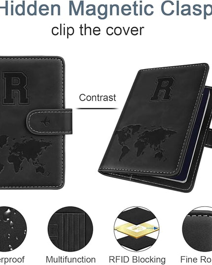Passport Holder Wallet Cover Personalized Letter A-Z Travel Wallet RFID Blocking Passport Cover Wallet Case for Travel Passport Book Holders for Women and Men, Black-R