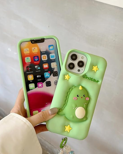 Dinosaur Case Compatible with iPhone 16 Pro,Cute 3D Cartoon Green Dinosaur Decompression Funny Kawaii Soft Silicone Gel Drop Protection Cover for Women Girls