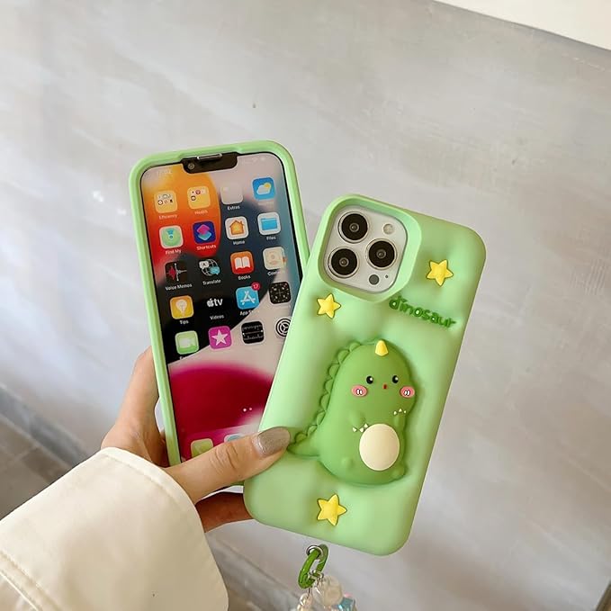 Dinosaur Case Compatible with iPhone 16 Pro,Cute 3D Cartoon Green Dinosaur Decompression Funny Kawaii Soft Silicone Gel Drop Protection Cover for Women Girls