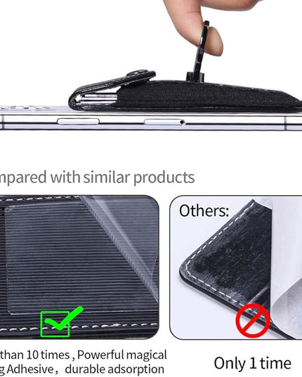 Cell Phone Card Holder,Card Holder for Back of Cell Phone with Ring Grip Stand,Adhesive Stick-on Credit Card Wallet Pocket with Detachable Neck Strap Black