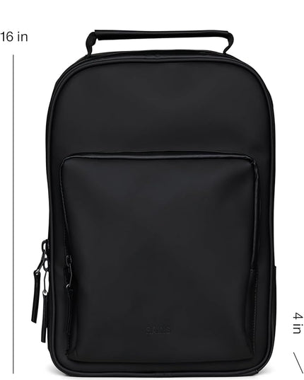 RAINS Book Daypack Regular Black Laptop Backpack for Men and Women, Waterproof Black Minimalist Commuter Bag with 15”-16"