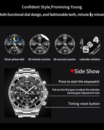 OLEVS Mens Watches Chronograph Watch Luxury Dress Stainless Steel Waterproof Watches for Men Moon Phase Luminous Business Calendar Wrist Watch Blue/Black/Green/Gold/Face