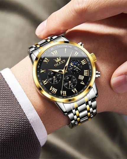OLEVS Mens Watch Luxury Big Face Stainless Steel Analog Quartz Multifunctional Waterproof Luminous Date Two Tone Fashion Dress Wrist Watches for Man