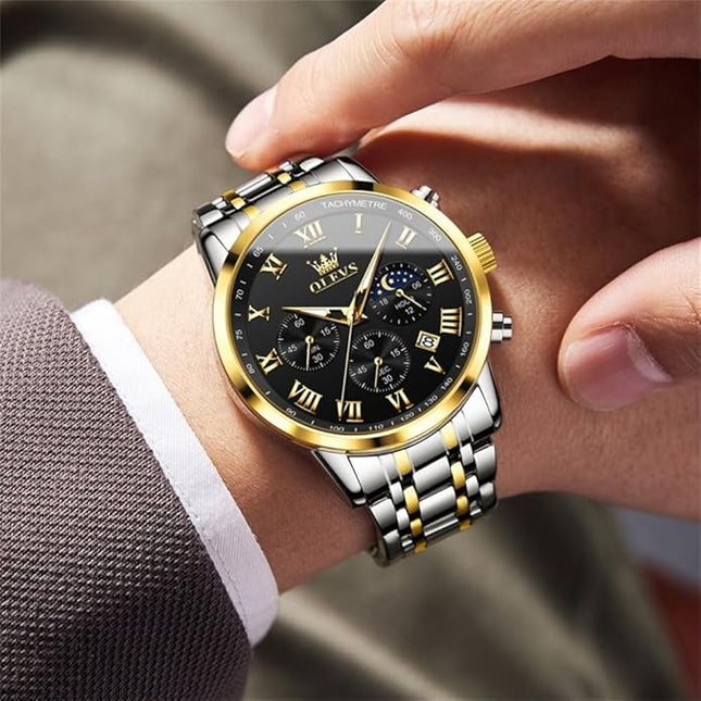 OLEVS Mens Watch Luxury Big Face Stainless Steel Analog Quartz Multifunctional Waterproof Luminous Date Two Tone Fashion Dress Wrist Watches for Man