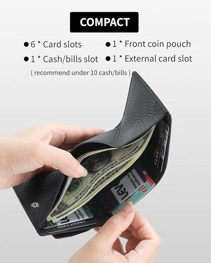 Unisex RFID Genuine Leather Wallet Compact Trifold with Coin Pouch & Card Slots Black (Black)