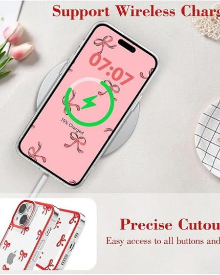Designed for iPhone Case,Clear Cute Ribbon Bowknot Pattern Aesthetic Transparent Phone Case Raised Camera Protection Stylish Slim Soft Phone Case (Red,iPhone 14 Pro Max)