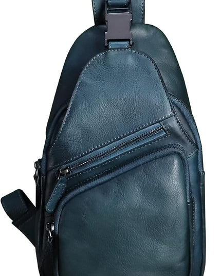 Genuine Leather Sling Bag Crossbody Purse Handmade Hiking Daypack Motorcycle Bag Retro Shoulder Backpack Vintage Chest Bag (NavyBlue)
