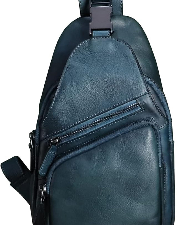 Genuine Leather Sling Bag Crossbody Purse Handmade Hiking Daypack Motorcycle Bag Retro Shoulder Backpack Vintage Chest Bag (NavyBlue)