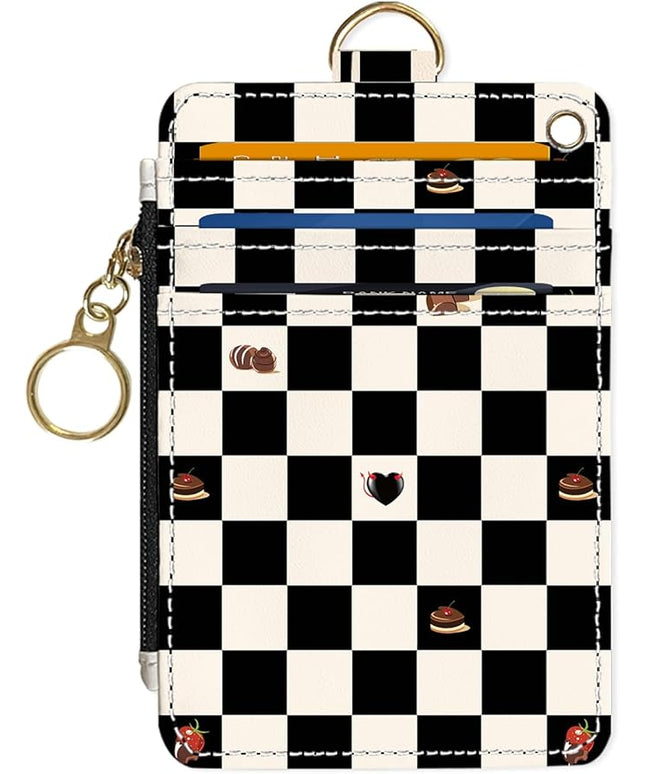 Slim Wallet Credit Card Holder, Checkered Pattern And Cake, RFID Wallet Women Cute Small Front Pocket Wallet With Zipper, PU Leather Thin travel RFID Blocking Card Case ID Window ,Ladies Gifts