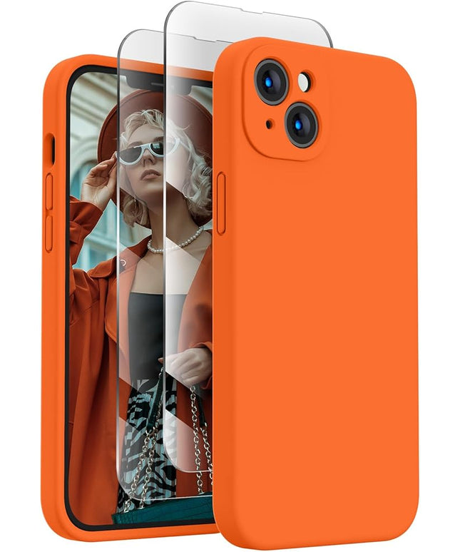 FireNova Designed for iPhone 14 Case, Silicone Upgraded [Camera Protection] Phone Case with [2 Screen Protectors], Soft Anti-Scratch Microfiber Lining Inside, 6.1 inch, Neon Orange
