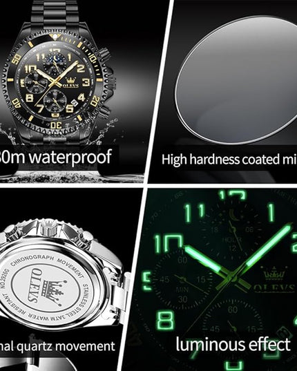 OLEVS Mens Watches Chronograph Watch Luxury Dress Stainless Steel Waterproof Watches for Men Moon Phase Luminous Business Calendar Wrist Watch Blue/Black/Green/Gold/Face