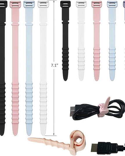 Silicone Zip Ties, Reusable Zip Ties, Rubber Cable Ties Straps for Wire Management, Elastic Silicone Ties Cable Organizer for Home Office, Multicolor Cord Ties in Two Sizes 4.5" and 7.1" (5+5 Pcs)